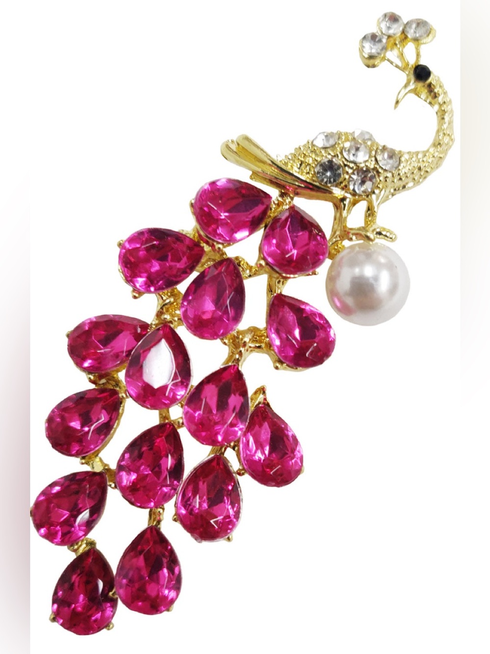 Aratta Gold Peacock Brooch with Hot Pink Teardrop Crystals and Pearl